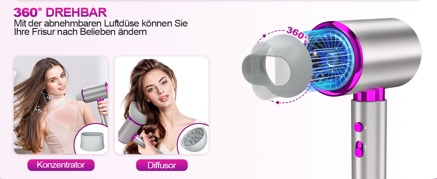 Іонний фен 2400W з холодним/гарячим режимом, 3 температури та 2 швидкості, дифузор та концентр, терморегуляція для дому, подорожей та салону краси