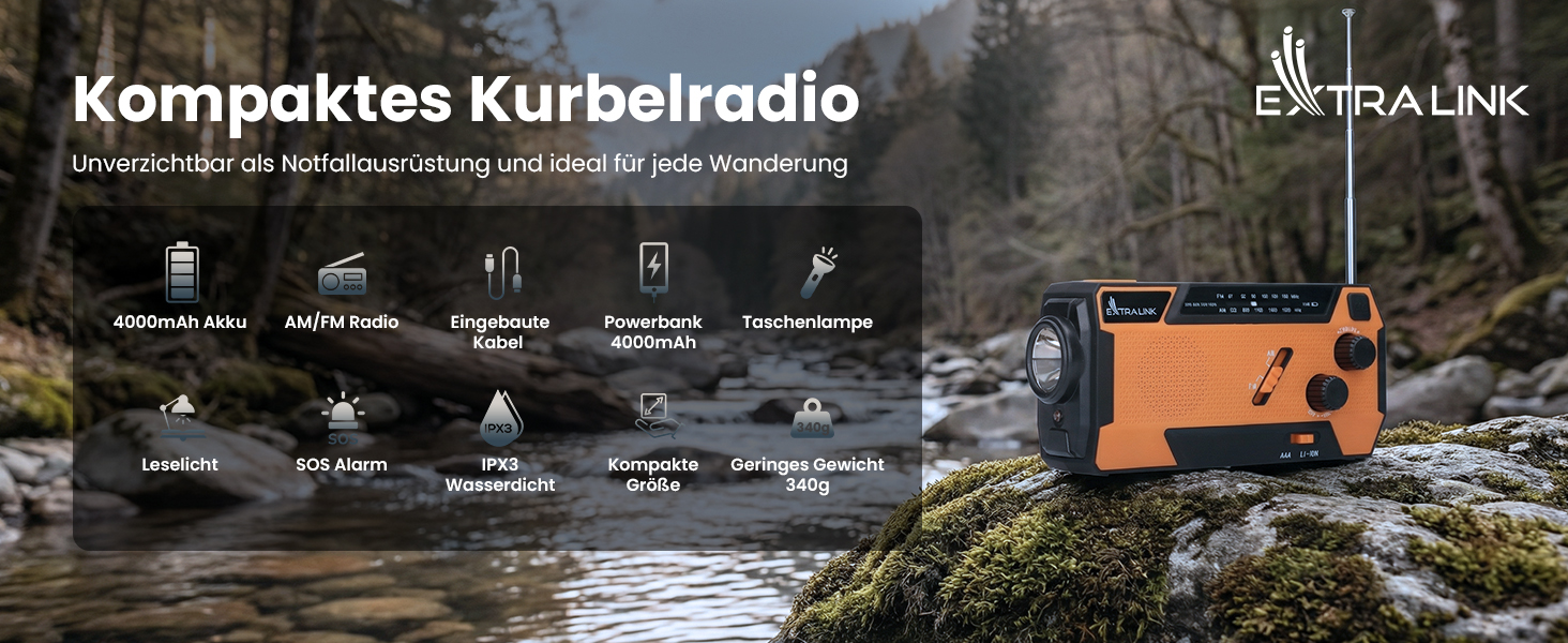 Радіо Extralink Kurbelradio: аварійне радіо з сонячною панеллю та ручкою, акумулятор 4000 mAh, FM/AM, LED ліхтарик, SOS сигнал. Для блекауту, кемпінгу та відпочинку на природі