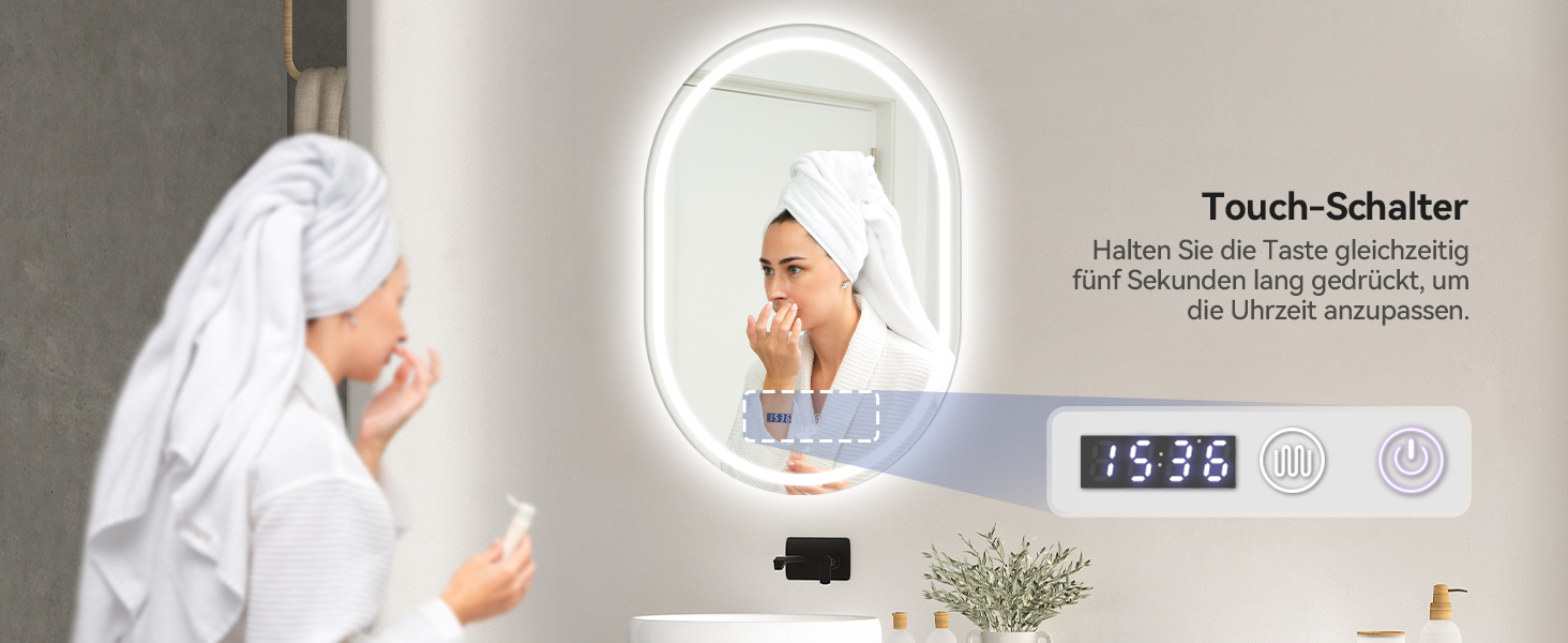 Дзеркало для ванної кімнати YOURLITE з підсвічуванням, 60 см, LED, сенсорне керування, 3 кольори світла, регулювання яскравості, антизапар, пам'ять, годинник, овальне, білий