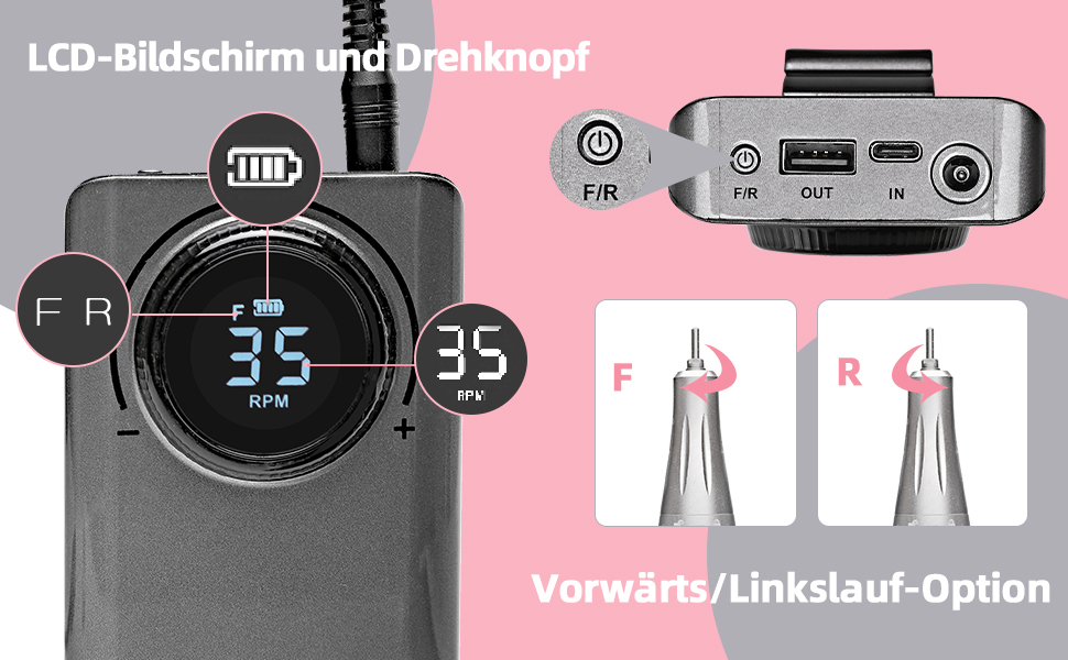 Електричний фрезер для манікюру та педикюру Delanie з акумулятором, 35000 об/хв, для гелю, акрилу та видалення кутикули, з LED-дисплеєм, USB-зарядка (сірий)