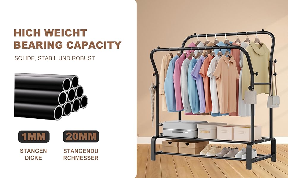Вішалка для одягу металева подвійна Stabil з 8 гачками та 2 полицями для взуття, чорна – функціональна стійка для спальні