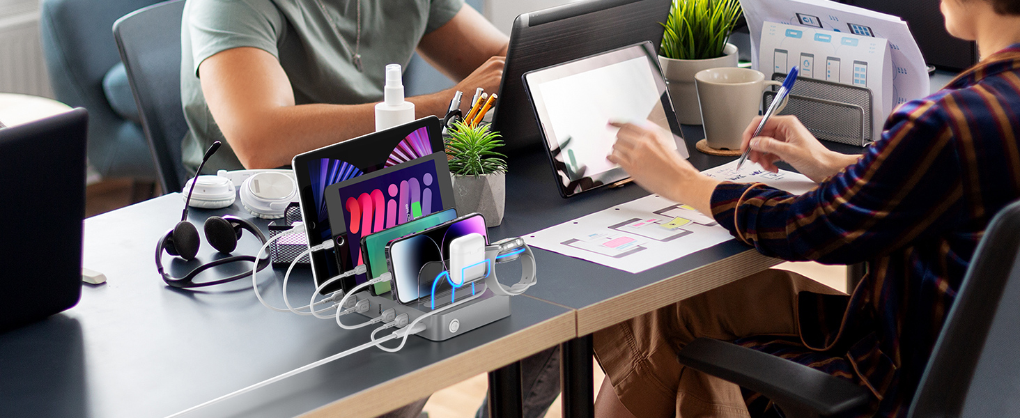 Зарядна станція SooPii USB 60W/12A з 6 портами, органайзер для декількох пристроїв з тримачем для Apple Watch, 6 кабелів в комплекті (срібло)