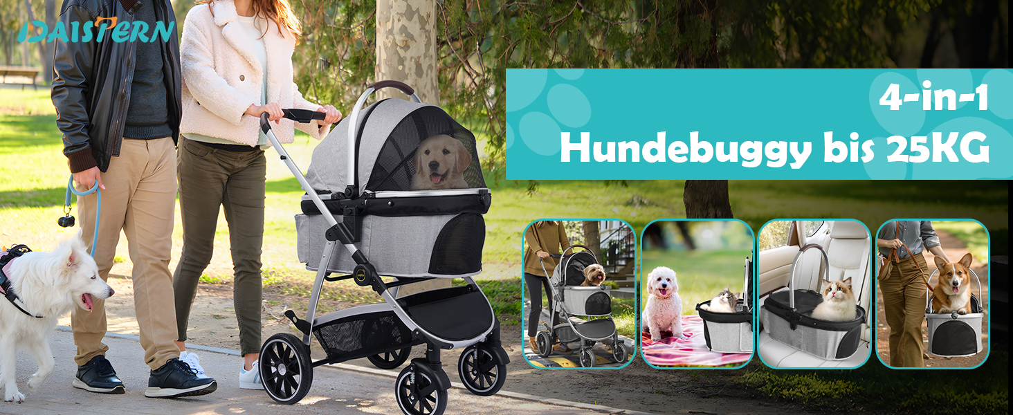 Візок для собак, складаний, до 25 кг, сірий. Алюмінієвий каркас, поворотні колеса, гальма, страхувальний ремінь, м'яке сидіння