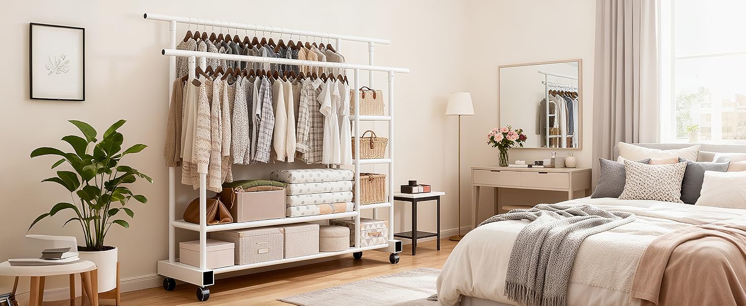 Вешалка для одягу на колесах, шестиярусна полиця з двома штангами, біла