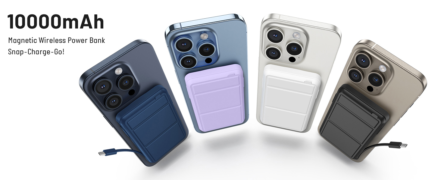 Power Bank Azmuth MagSafe 10000mAh для iPhone з LED дисплеєм, бездротова зарядка, білий (фіолетовий)