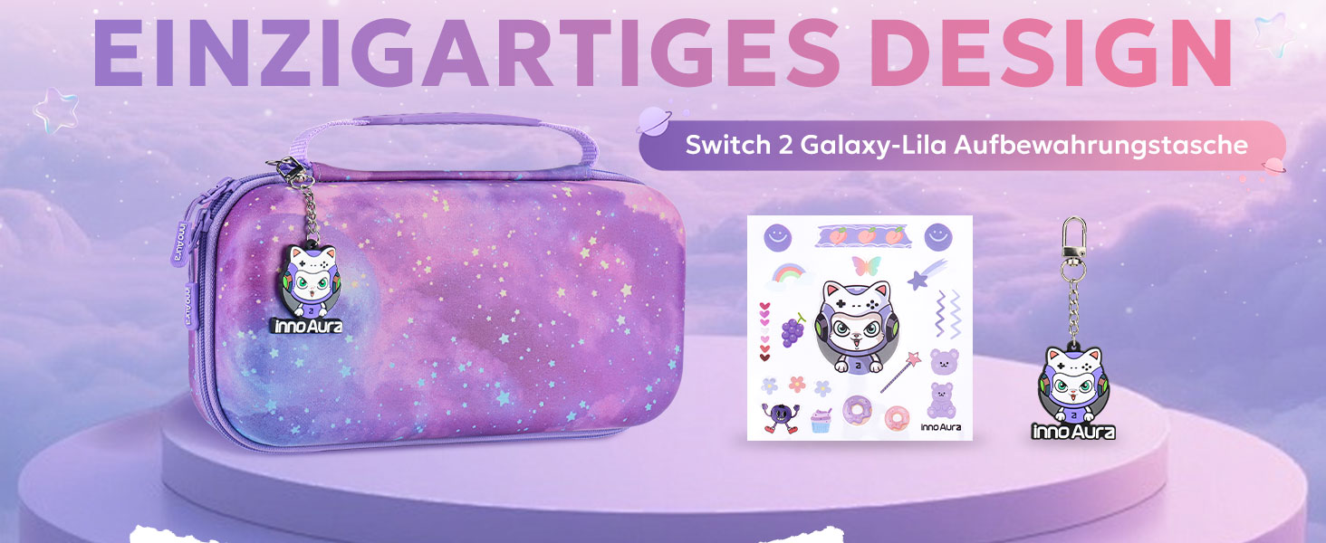 Чохол для Nintendo Switch 2 innoAura Switch 2 Tasche, фіолетовий (Galaxy Lila Violett), водовідштовхувальний, з амортизацією, відділенням для AirTag та великою сітчастою кишенею