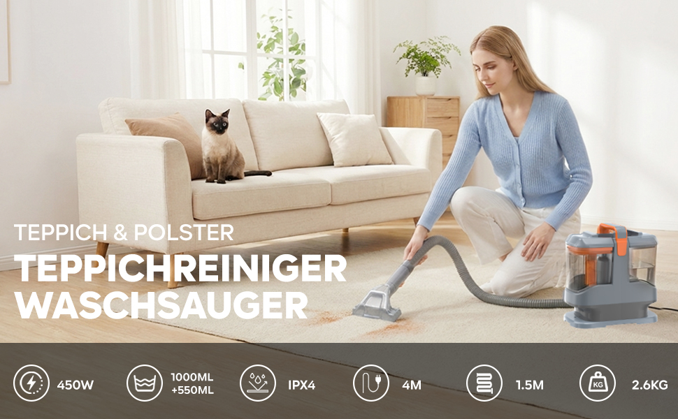 Пилосос для м'яких меблів та килимів Polsterreiniger 450W 13kPa, портативний миючий пилосос для дивана та авто з 3 насадками та подвійним баком (Помаранчевий)