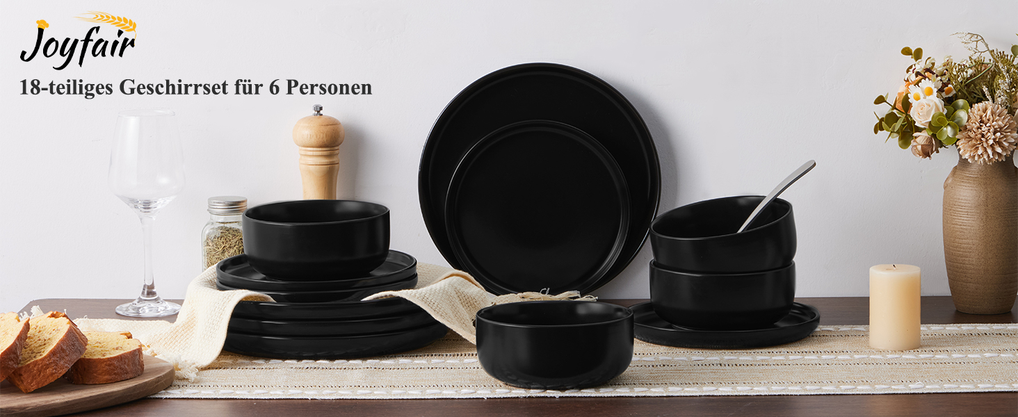 Набір посуду Joyfair на 6 осіб, 18 предметів: тарілки, миски, десертні тарілки, чорний колір, кераміка, для посудомийної машини та мікрохвильової печі