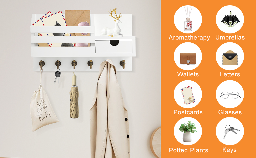 Дерев'яне ключниця з полицею та шухлядою, 6 гачків, для прихожей, офісу, на стіну (білий)