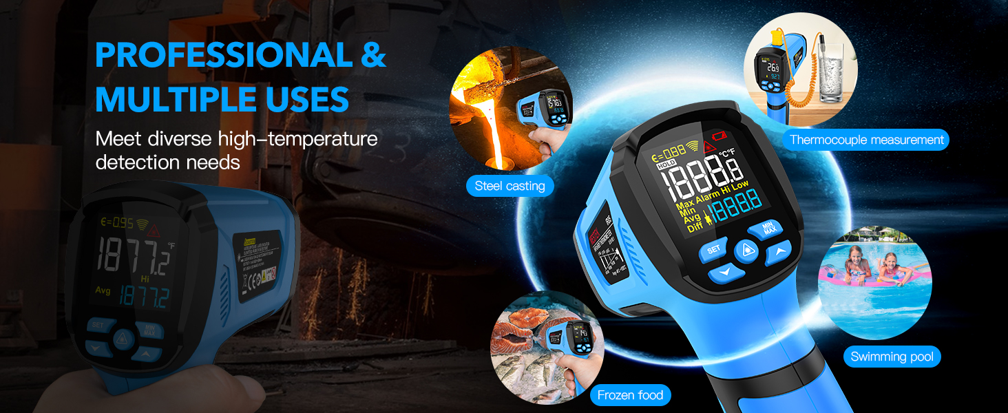 Інфрачервоний термометр MESTEK -40°C до 1600°C: цифровий лазерний вимірювач температури з K-зондом, LCD дисплеєм та сигналізацією. Підходить для кухні та промисловості.