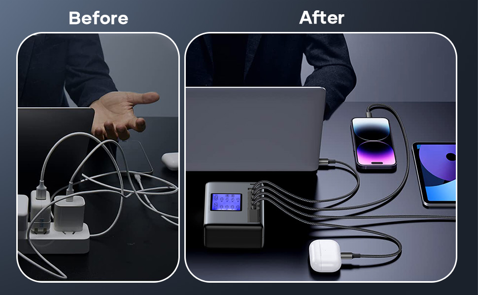 Зарядний пристрій USB 60W, 8 портів, з LCD дисплеєм, USB-C Hub для iPhone, iPad, Android, Samsung, Huawei, Kindle - Чорний