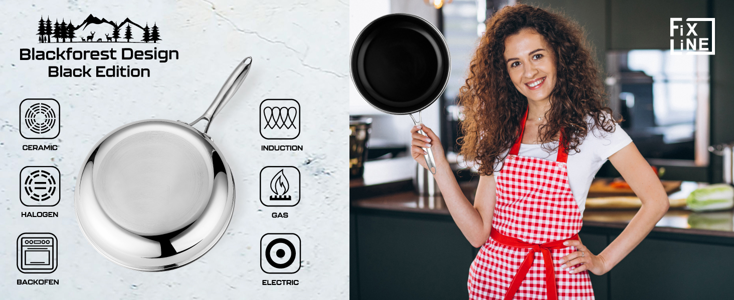 FIXLINE Black Forest Frying Pan 28cm - RED Design - Scratch-Resistant PTFE-Free Coating - Compatible with All Cooktops (including Induction) - Oven Safe up to 250°C - Easy Cleaning - Ideal Gift