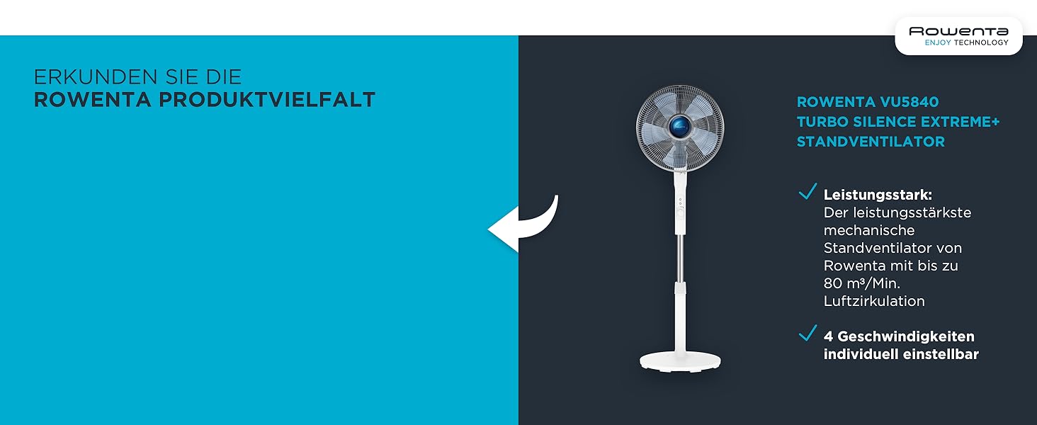 Вентилятор Rowenta Turbo Silence Extreme: тихий, потужний, з авто-обертанням, 4 швидкості, нічний режим, білий/чорний, VU5640 Hell