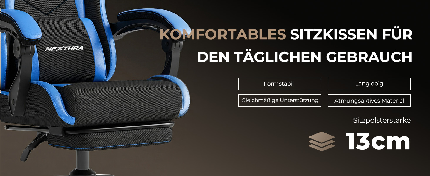 Геймерське крісло Nexthra Ergonomisch з підставкою для ніг, до 180 кг, блакитне. Офісне крісло для геймінгу та роботи, з регульованою спинкою 150°