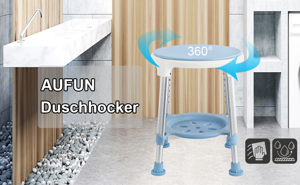 Душовий стілець AUFUN, висота 36-51 см, обертовий на 360°, протиковзкий, алюміній і пластик, для літніх, вагітних, допоміжний стілець у ванну