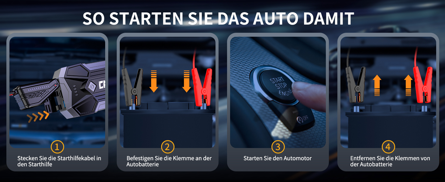 Powerbank для авто Starthilfe: 4500A, 8.0L (бензин/дизель), 12V, LED, Jump Starter з кабелями та 2 USB