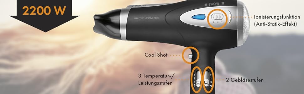 Фен ProfiCare® HTD 3113 чорний з іонізацією 2200W | Легкий туристичний фен з 3 режимами та 2 рівнями швидкості | Cool-Shot, насадка-дифузор та насадка для укладання