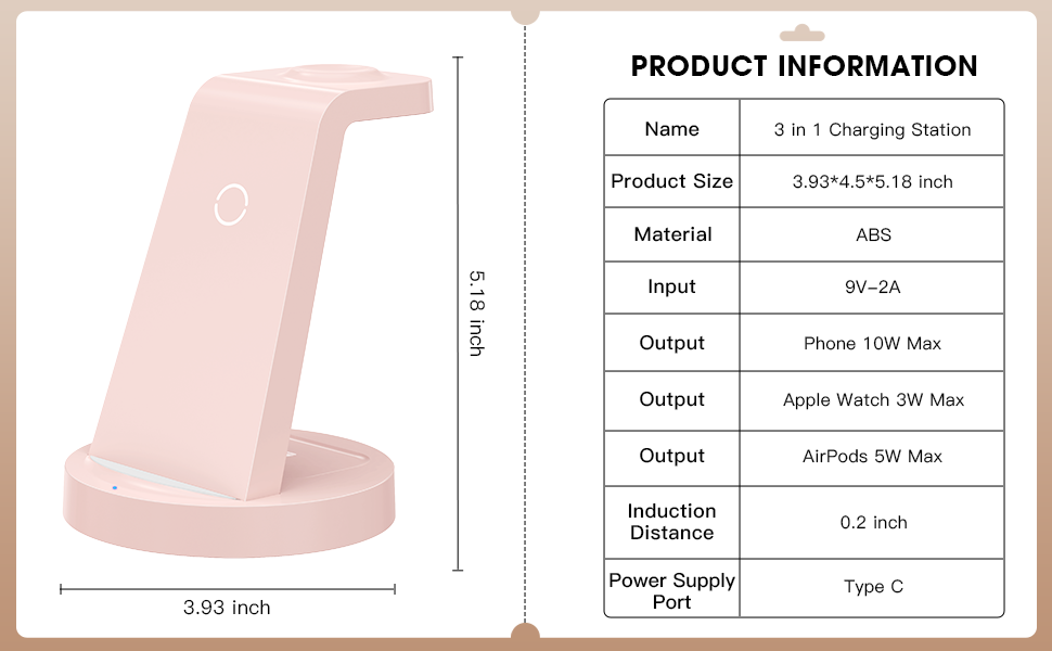 Зарядний станція 3 в 1 для iPhone: швидка бездротова зарядка для Apple iPhone 16, 15, 14, 13, 12, 11, X, Pro, Max та Apple Watch 10, 9, 8, 7, 6, SE, AirPods 4, 3, Pro з адаптером 18W (Рожевий)