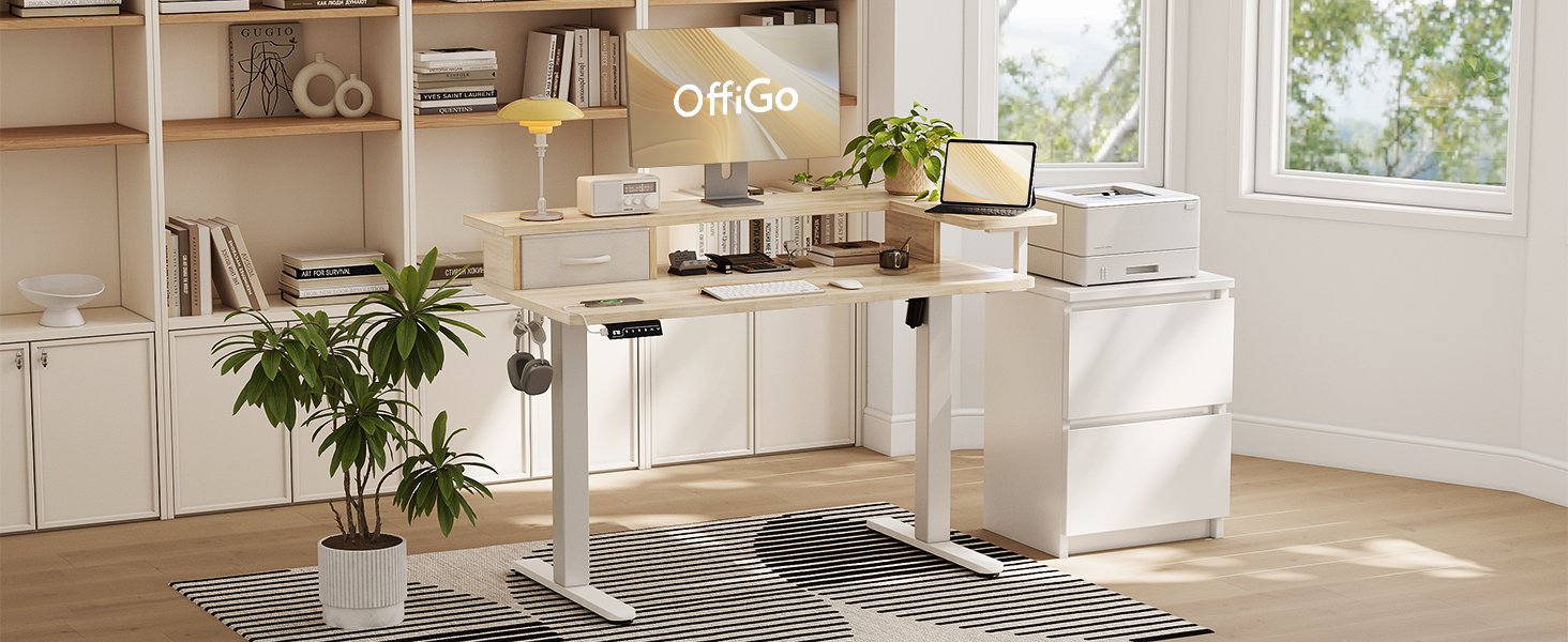 Регульований за висотою стіл OffiGo 120x60 з L-подновою для монітора, висувна шухляда, USB-порт, ергономічний комп'ютерний стіл, бежевий