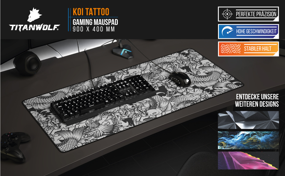 Ігровий килимок для миші TITANWOLF XXL Speed Gaming Mousepad, 900x400мм, чорний, дизайн Koi — великий килимок на весь стіл для підвищення точності та швидкості