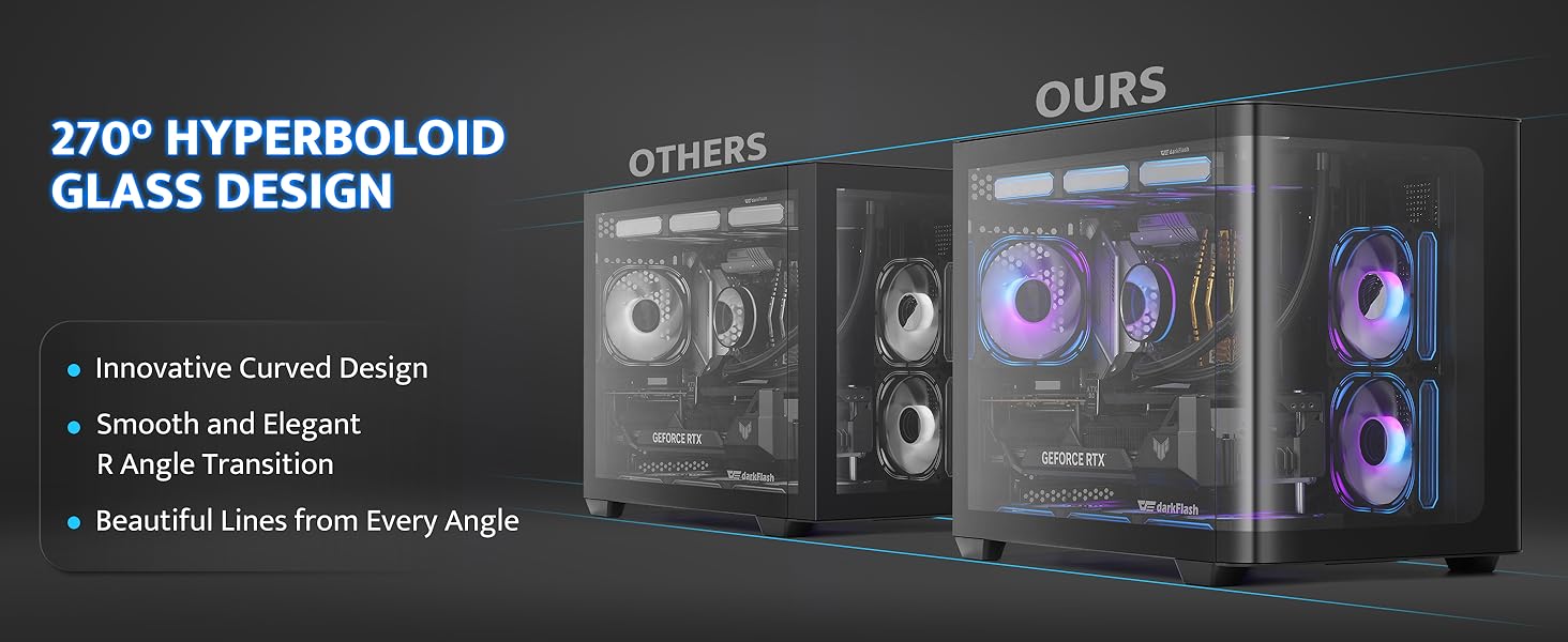 darkFlash ATX корпус для ігрового ПК з 4 ARGB вентиляторами, скло для повного огляду, 2 камери, Type-C, підтримка 2 AIO 360мм, чорний (DPW90)