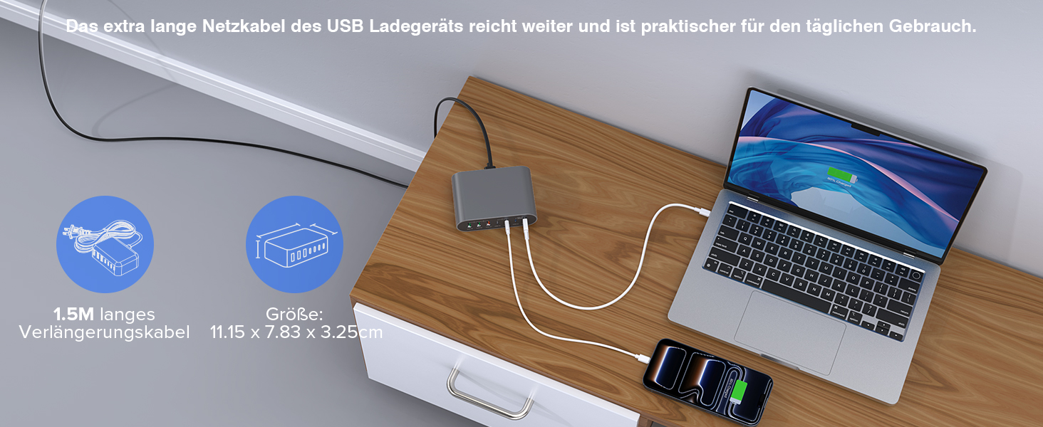 Зарядний пристрій USB-C 185W, мережевий адаптер 7 портів PD3.0 + QC3.0 для MacBook Pro/Air, iPhone 17/16/15 Pro Max, Samsung Galaxy S23/Note20 (Сірий)