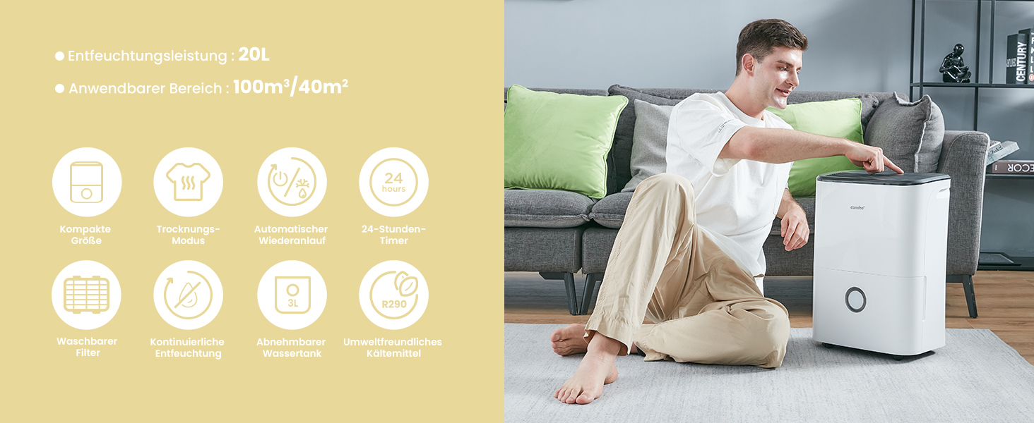 Зволожувач повітря COMFEE' MDDF-20DEN7: 20л/день, 40м², 3 режими, таймер, 3л бак