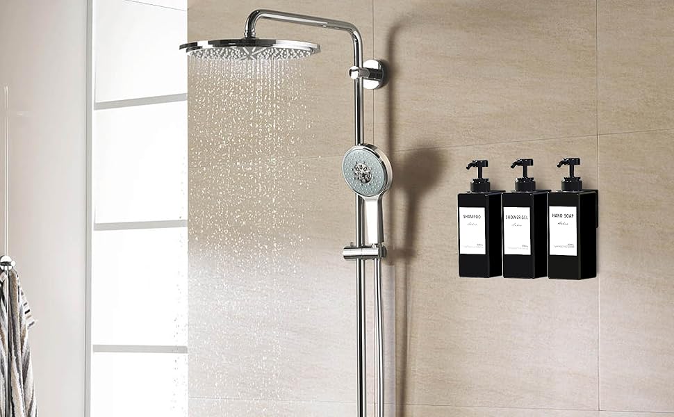 Настінний диспенсер для мила Anhow 3er PETG, 500 мл, чорний, без свердління, з 16 вологостійкими етикетками для кухні/ванної кімнати