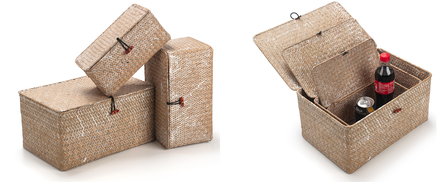 Кошик для зберігання з морської трави з кришкою, 30×18×15 см, натуральний ротанг, білий, середній розмір