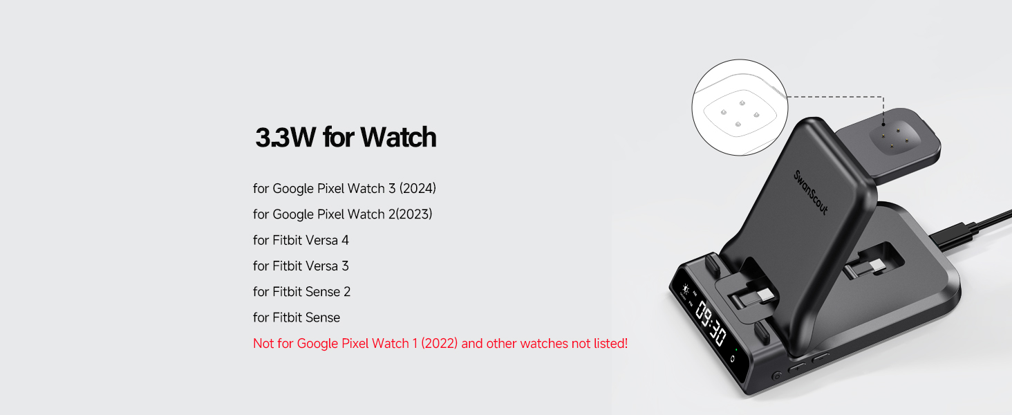 Зарядна станція 3-в-1 для Google Pixel Watch 3/2 та смартфонів Pixel, 25W USB-C, SwanScout 701G2 (Не для Pixel Watch 4/1)