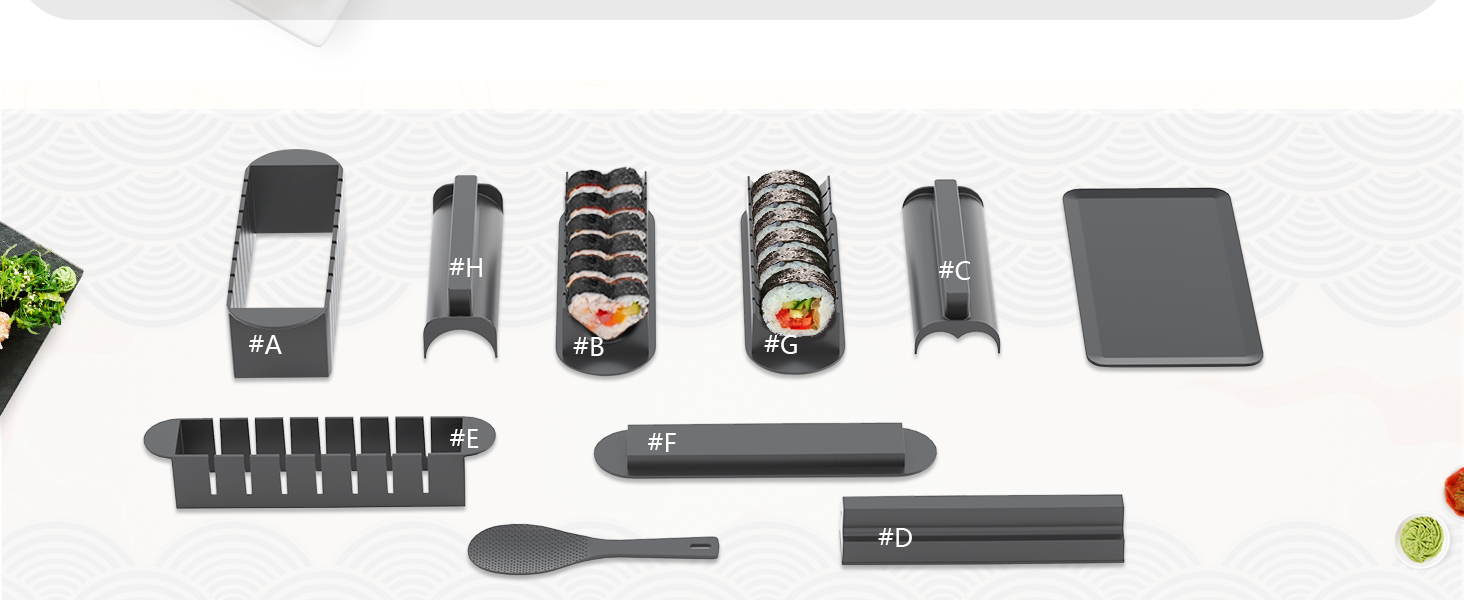 Набір для приготування суші, 20 предметів, для початківців, з формами для ролів, виделкою, ножем, килимком для скручування, палочками, повний комплект (Чорний)