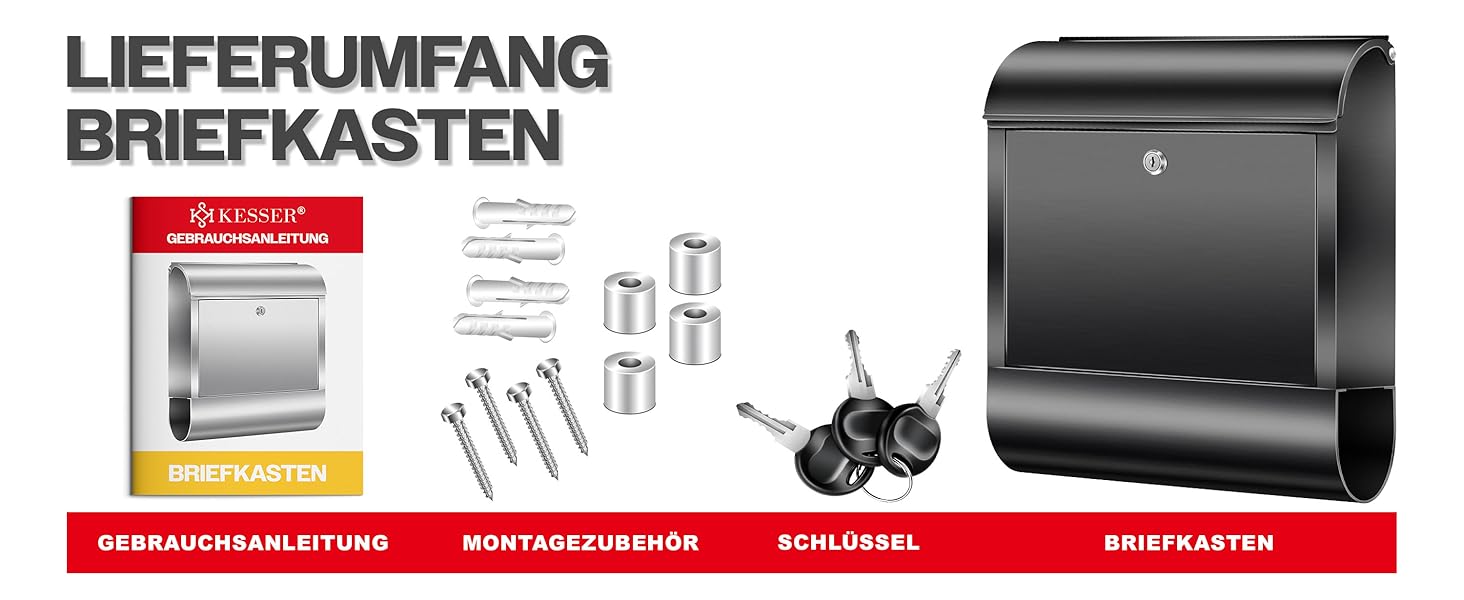 Поштовий ящик настінний KESSER XXL з нержавіючої сталі, з газетницею, замок з 3 ключами, чорний