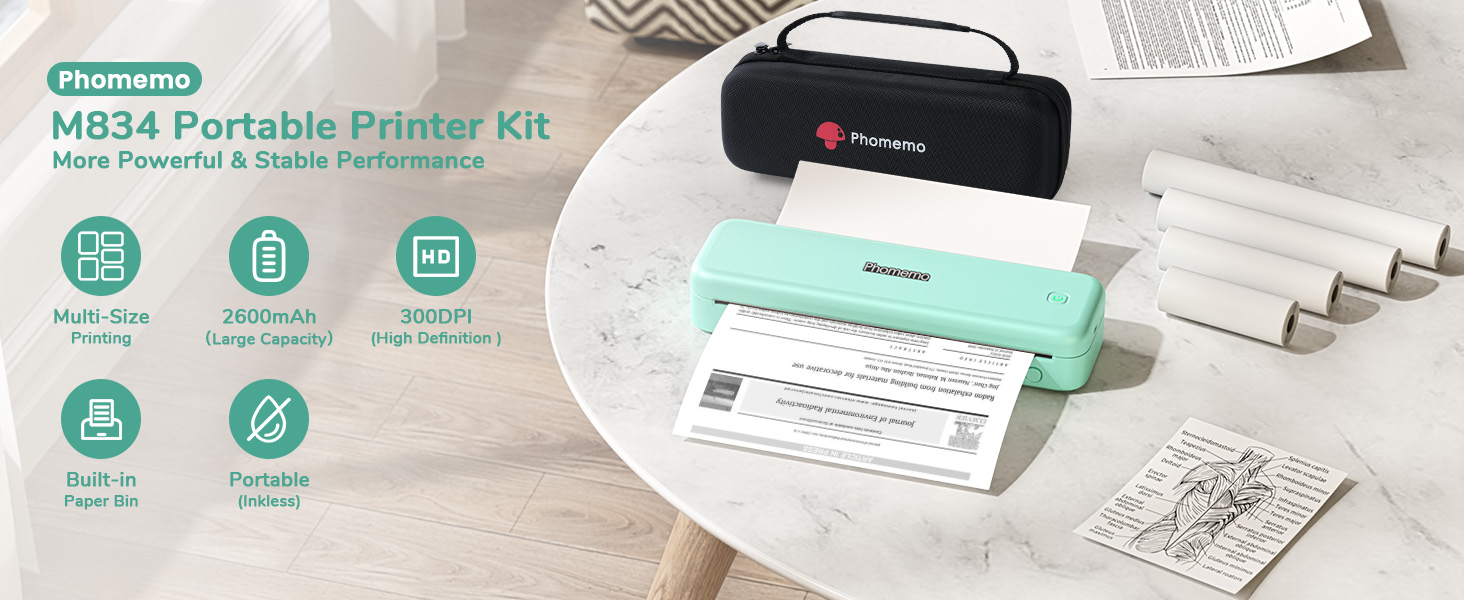 Термодрук Phomemo M834 A4: мобільний принтер для офісу, дому та школи, сумісний зі смартфонами та комп'ютерами