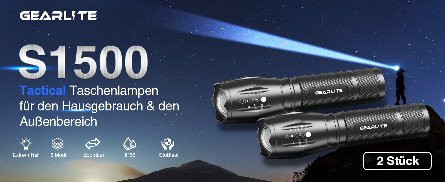 LED ліхтарик Gearlite 2 шт., 2000 люмен, 5 режимів, IP65, водонепроникний, для кемпінгу, туризму, дітей, чорний