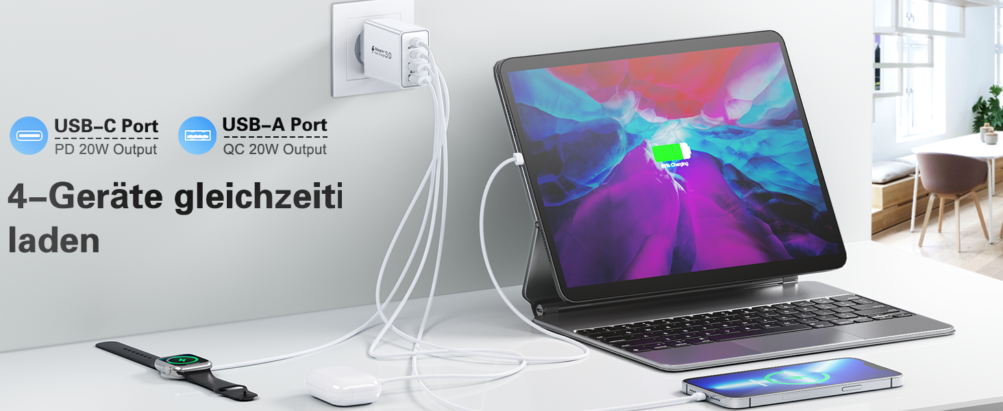 Мережевий адаптер USB C 40W з 4 портами, швидка зарядка, білий. Підходить для iPhone, iPad, Samsung та інших телефонів.