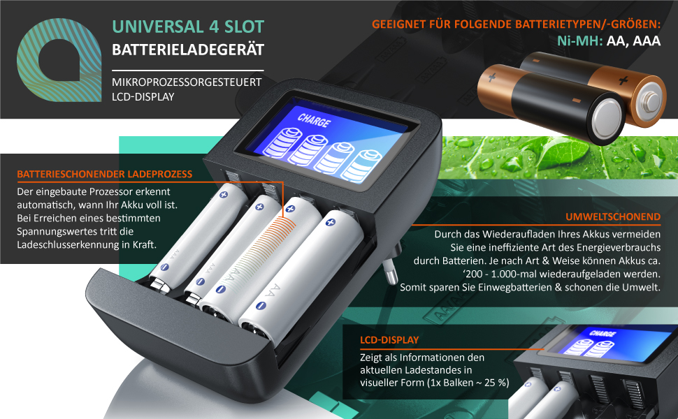 Зарядний пристрій CSL для акумуляторів AA/AAA NiMH з LCD-дисплеєм, 4 слоти, чорний