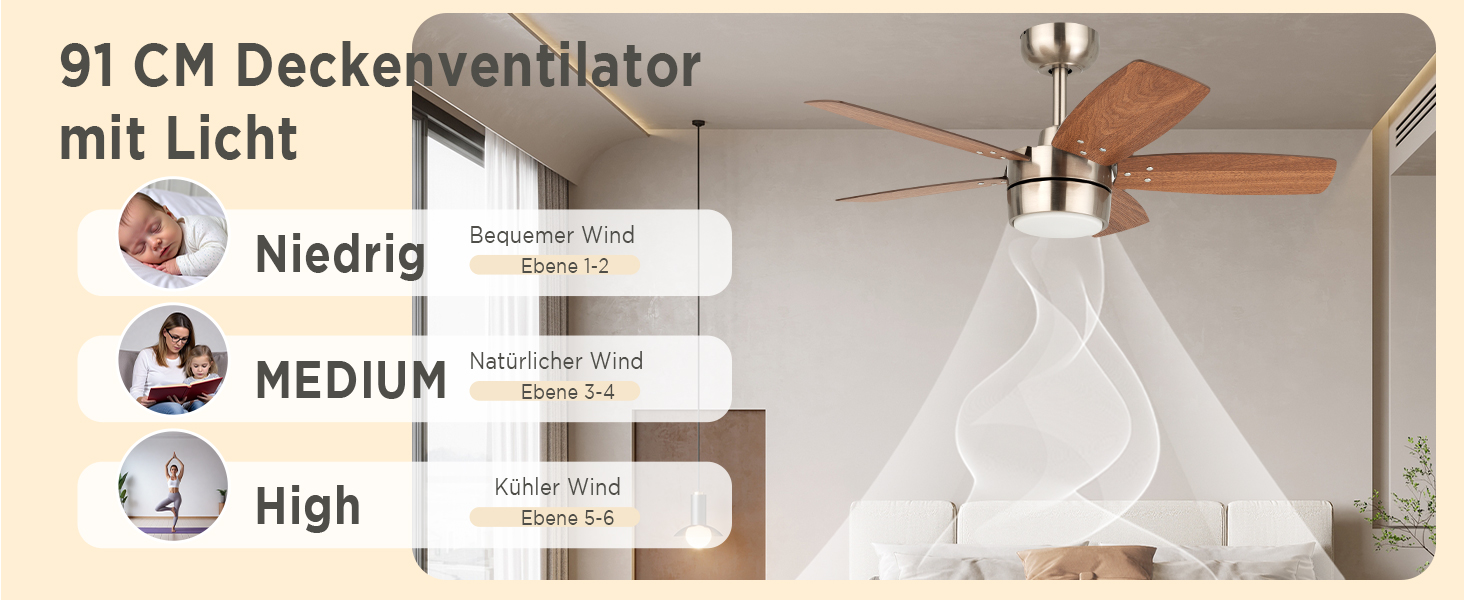 Стеляний вентилятор для маленьких кімнат: сучасний вентилятор з регульованим освітленням та дистанційним керуванням – реверсивний, тихий з 6 швидкостями для маленьких спалень - 230V (Бурштяне нікель+волоське дерево-007, 91 см)