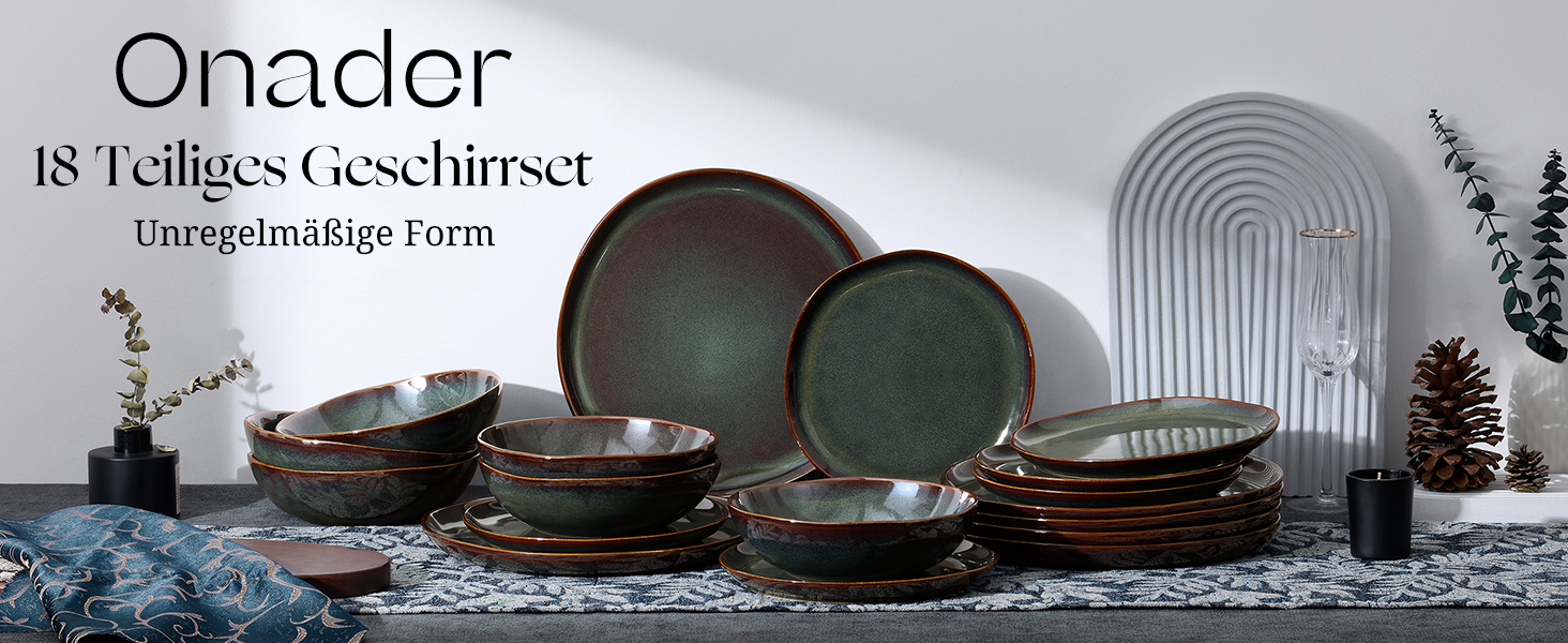 Набір посуду на 6 осіб Onader, 18 предметів: тарілки для сніданку, десерту та обіду, стегонна посуд, мікрохвильова піч, реагуючий мох зелений
