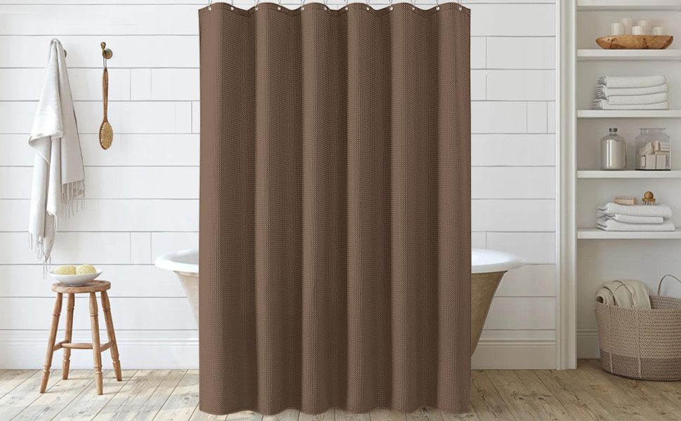 Штора для ванної кімнати Waffel з кільцями, тканинна, водовідштовхувальна, антигрибкова, 182x182 см, біла (Waffel - коричневий, 244x182 см)