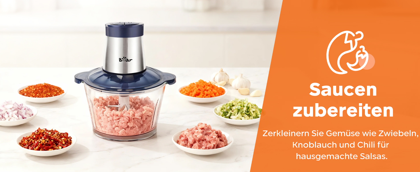 Електричний подрібнювач м'яса Bear 2L+1.8L з функцією м'ясоподрібнювача, 600W, 2 швидкості, зі скляною та нержавіючою сталлю, 4 леза, для м'яса, дитячого харчування, фруктів та овочів