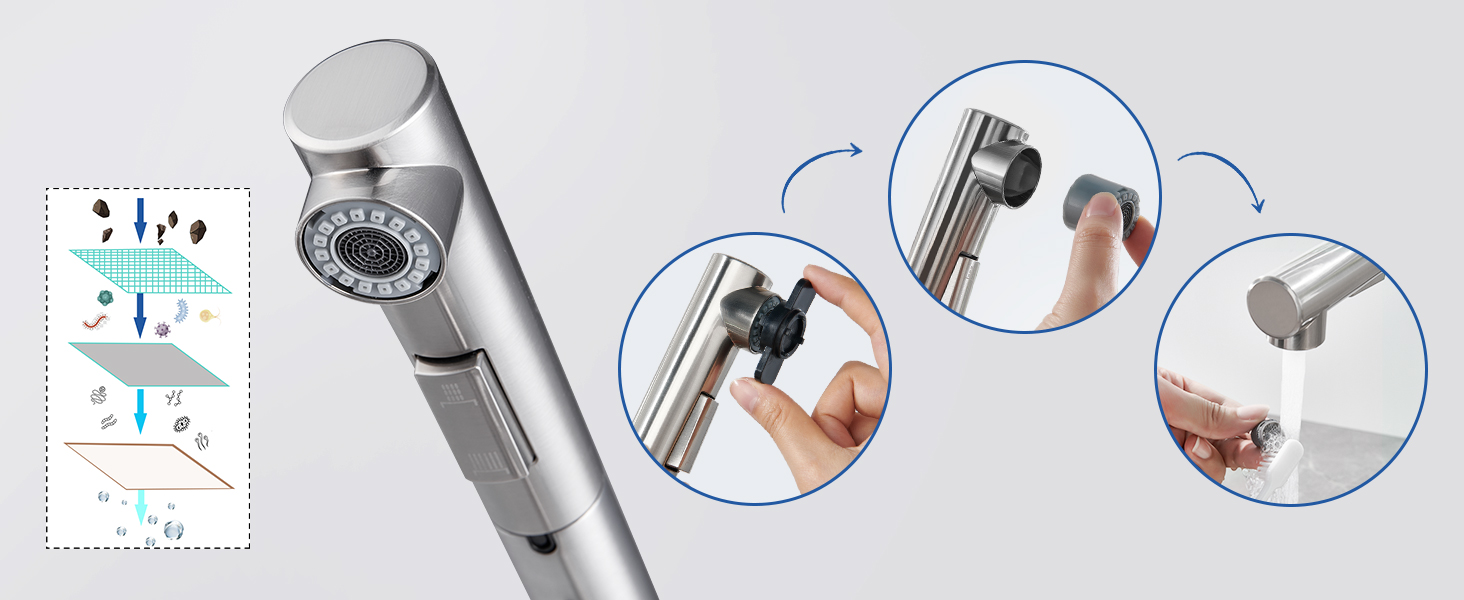 Висувна кухонна змішувач з душем, 360° поворот, нержавіюча сталь, 2 режими струменя, кухонна змішувач преміум-класу, сріблястого кольору