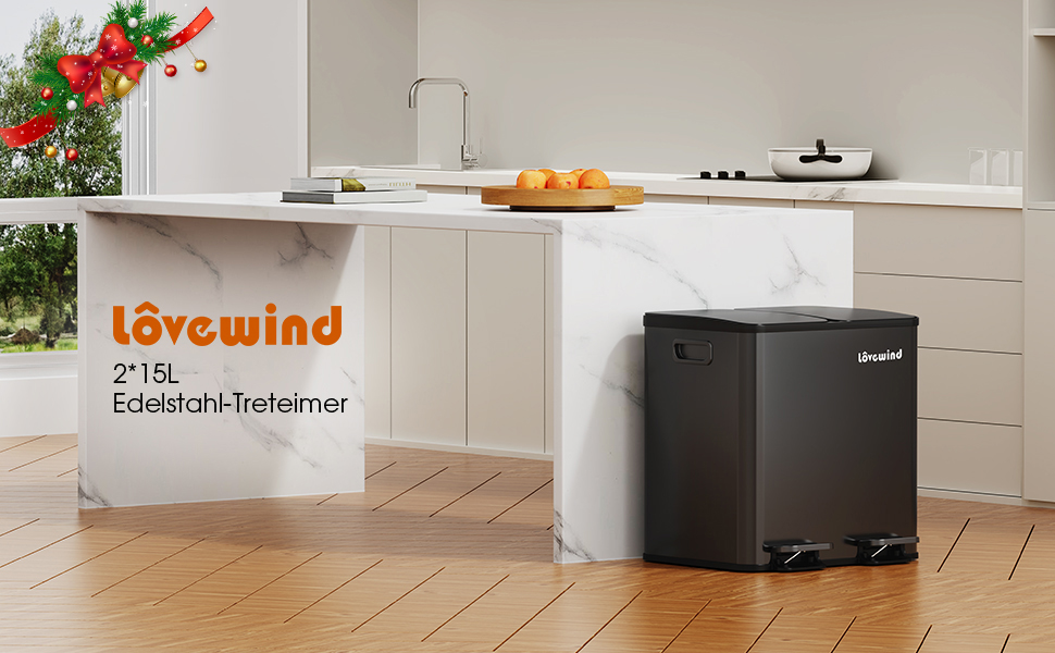 Відро для сміття lovewind подвійне 2х15л, нержавіюча сталь, чорне, з кришкою Soft-Close, для кухні та сортування відходів