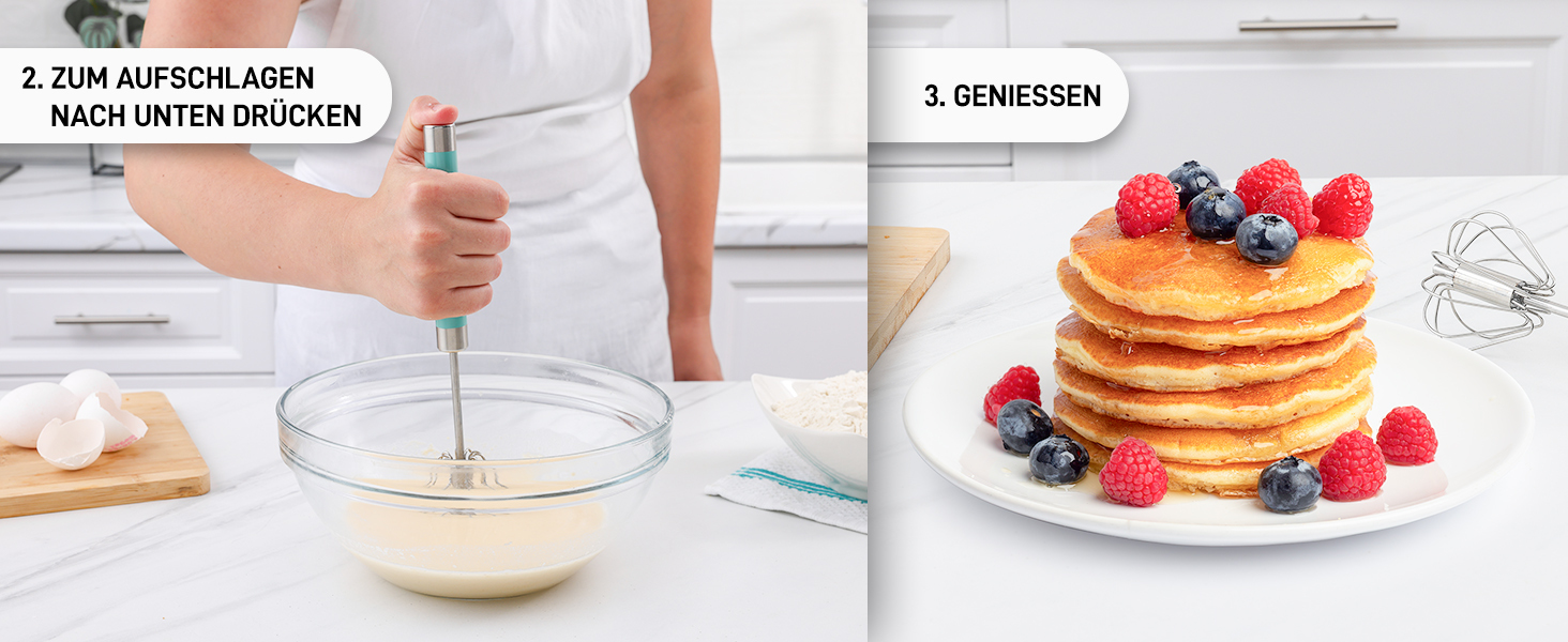 Zulay Kitchen: Ручний вінчик з нержавіючої сталі - автоматичний вінчик з пружинним механізмом, легке збивання яєць, тіста, молока, соусів, придатний для миття в посудомийній машині, стійкий до корозії, срібний