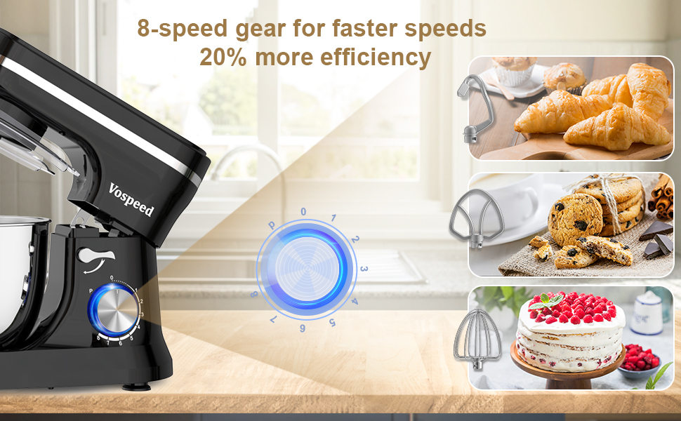 Планетарний міксер-тістоміс Vospeed, 5QT, 8 швидкостей, з чашею з нержавіючої сталі та набором насадок (гак, вінчик, міксер), чорний