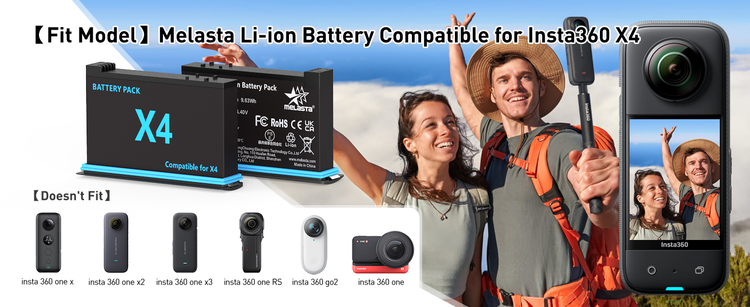Акумулятор Melasta 2500mAh для Insta360 X4 (2 шт.) з зарядним пристроєм USB-C. Запасний акумулятор для екшн-камери Insta360 X4