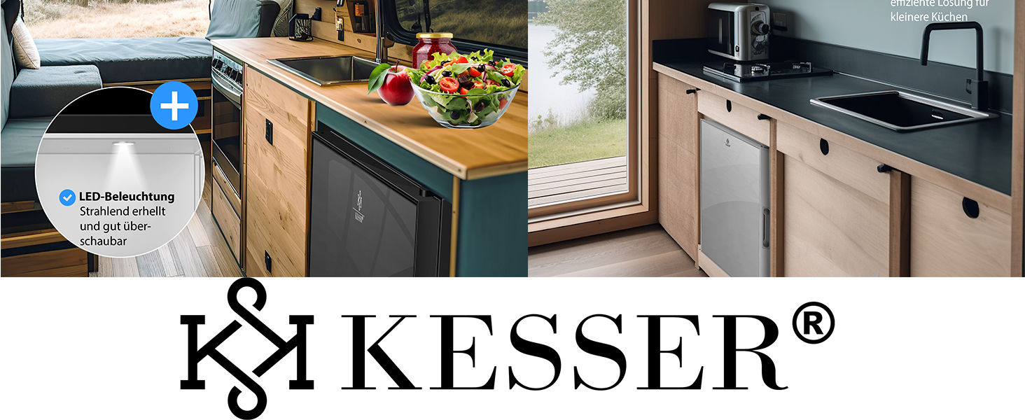 Міні-холодильник KESSER® 40L з скляною дверцятами: ідеальний для кемпінгу, офісу, спальні, готелю, кухні. Безшумний, з можливістю зміни напрямку відкривання дверцят, внутрішня підсвітка та відкривачка для пляшок. Чорний колір.