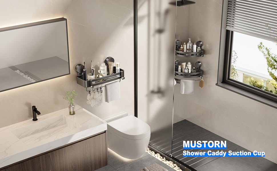 Поличка для душу без свердління, кутова поличка для ванної кімнати з присосками, корзина для душу з тримачем для рушників та знімними гачками (2 шт., сіра) (Прямокутна – 2 шт.)