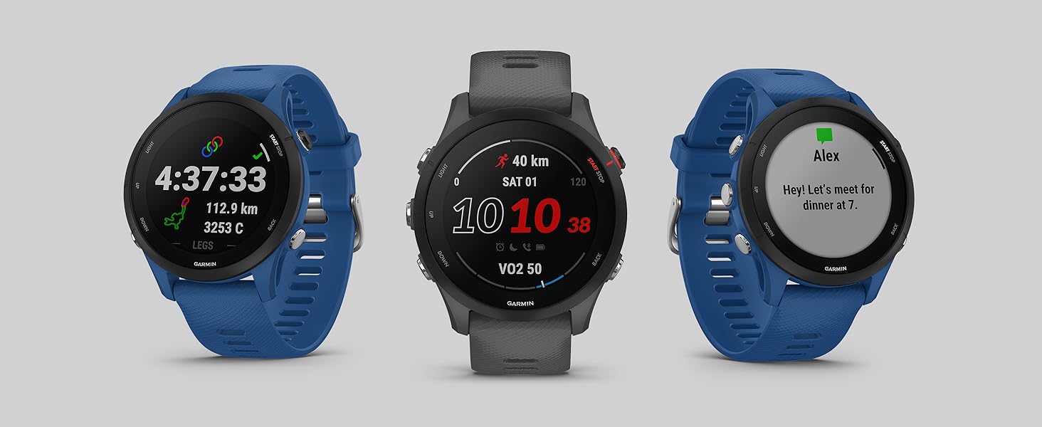 Garmin Forerunner 255 – GPS-годинник для бігу з індивідуальними планами тренувань, функціями для бігу та детальною аналітикою. 1.3' дисплей, до 14 днів роботи від акумулятора, водонепроникний (Non-Music, 46 мм, Темно-синій)