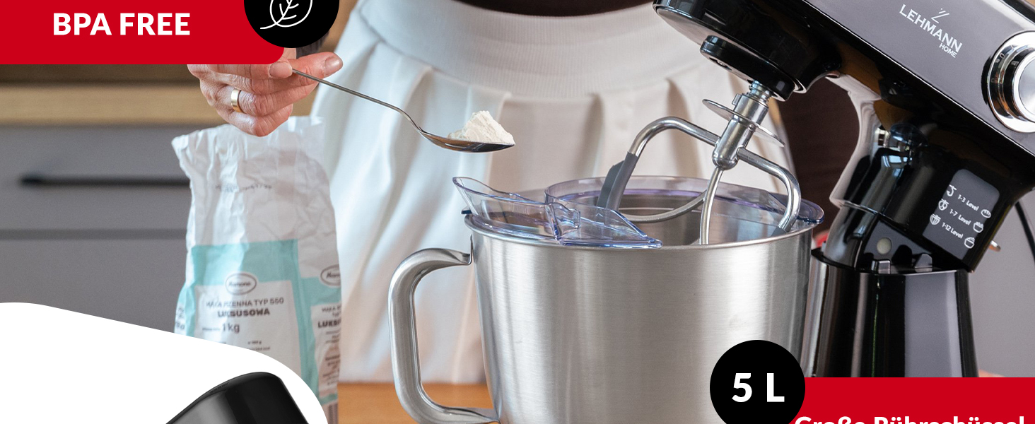 Кухонний комбайн-міксер LEHMANN з набором аксесуарів, 1500 Вт, 12 швидкостей, чаша 5 л, захист від перегріву, планетарний міксер з 3 насадками та захистом від бризок, чорний