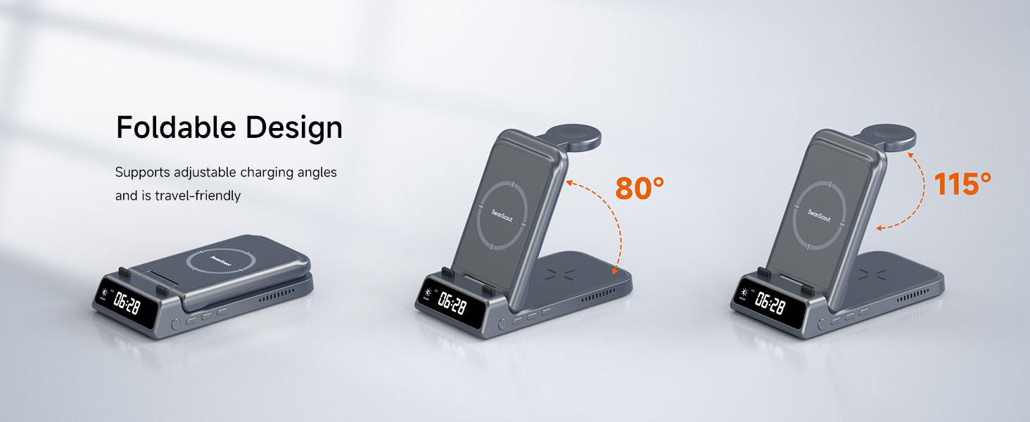 Бездротова зарядка 3-в-1 SwanScout 703A для iPhone 17/16/15/14/13/12, Apple Watch 11/10/9/8/7/Ultra та AirPods Pro 3 (Tech Grey)